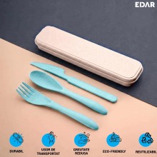 Set Tacamuri Portabile EDAR, 3 Piese, Lingura, Furculita, Cutit, Cutie Depozitare, Albastru