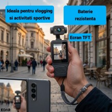 Camera Video Sport EDAR 4K Ultra HD pentru Vlogging, Lentila Rotativa 180°, Ecran TFT 1.54", Detectie Miscare, Inregistrare B...