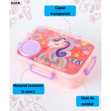 Caserola Pentru Copii EDAR, 3 Compartimente, Plastic fara BPA, Etansa, Pentru Scoala, Gradinita si Excursii, Recipient Sos si...