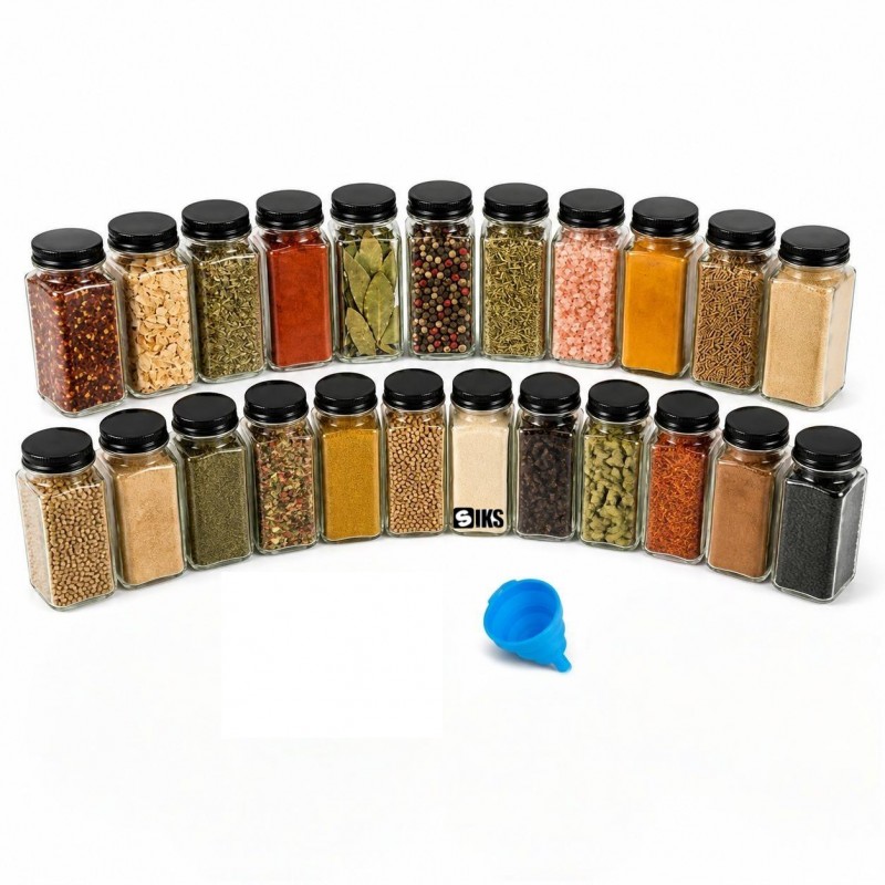 Set 24 Recipiente SIKS Din Sticla Pentru Condimente Si Mirodenii, Borcanele Cu Capacitate De 120 ml, Forma Patrata Economie S...