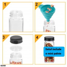 Set 24 Recipiente pentru Condimente EDAR, Sticla 120 ml, Forma Patrata, Capace Metalice negre si Shaker Universal, Organizato...