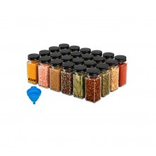 Set 24 Recipiente pentru Condimente EDAR, Sticla 120 ml, Forma Patrata, Capace Metalice negre si Shaker Universal, Organizato...