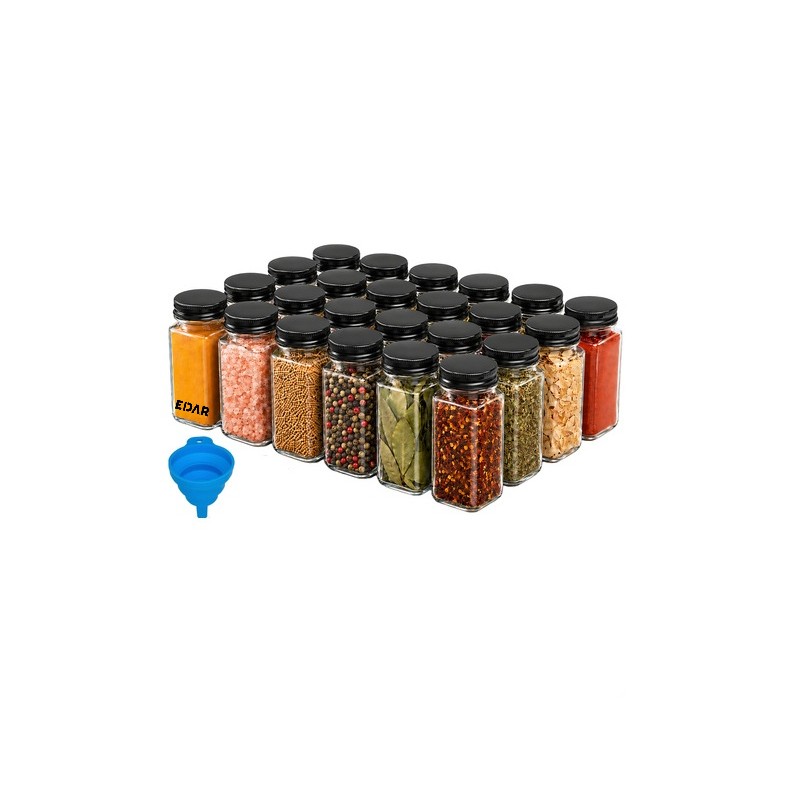 Set 24 Recipiente pentru Condimente EDAR, Sticla 120 ml, Forma Patrata, Capace Metalice negre si Shaker Universal, Organizato...
