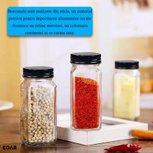Set 24 Recipiente pentru Condimente EDAR, Sticla 120 ml, Forma Patrata, Capace Metalice negre si Shaker Universal, Organizato...