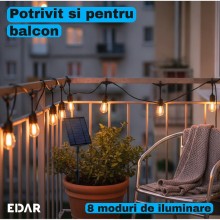 Ghirlanda Luminoasa Solara de Exterior EDAR, 30 m, 30 Becuri LED Pendul din PVC, Lumina Calda 3000K, 1W/bec, Incarcare USB-C,...