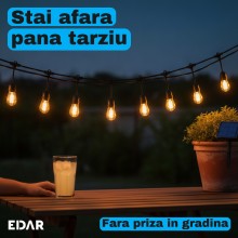 Ghirlanda Luminoasa Solara pentru Terasa si Gradina EDAR, 20 m, 20 Becuri LED Pendul, Lumina Calda 3000K, Alimentare Panou So...