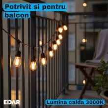 Ghirlanda Luminoasa Solara pentru Terasa si Gradina EDAR, 20 m, 20 Becuri LED Pendul, Lumina Calda 3000K, Alimentare Panou So...