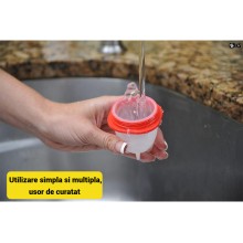 Set 6 Recipiente SIKS Forme Reutilizabile pentru Fiert Oua, Silicon Alimentar Antiaderent, Practic si Usor de Folosit, Alb/Rosu