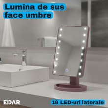 Oglinda Cosmetica pentru Machiaj cu 16 LED-uri EDAR, Lumina Alba Fixa, Rotatie de 180 Grade, Buton Tactil pe Fata, Alimentare...