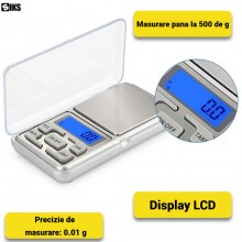 Mini Cantar Electronic de Buzunar SIKS, pentru Bijuterii, Afisaj LCD, Portabil, Capacitate Maxima 500 g, Functie TARE si Auto...