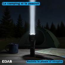 Lanterna LED EDAR cu Zoom, 130 x 35 mm, Corp din Aluminiu, 5 Moduri de Iluminare cu Stroboscop si SOS, Alimentare cu 3 Bateri...