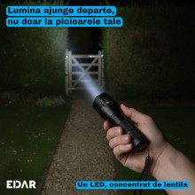 Lanterna LED EDAR cu Zoom, 130 x 35 mm, Corp din Aluminiu, 5 Moduri de Iluminare cu Stroboscop si SOS, Alimentare cu 3 Bateri...