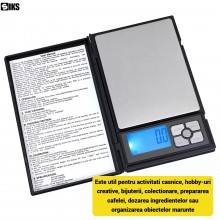 Cantar Digital de Precizie SIKS Model Notebook, Capacitate 500 g, Diviziune 0,01 g, Ecran LCD, Portabil, Funtia TARE, Negru