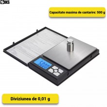 Cantar Digital de Precizie SIKS Model Notebook, Capacitate 500 g, Diviziune 0,01 g, Ecran LCD, Portabil, Funtia TARE, Negru