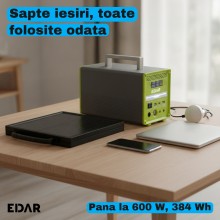 Statie Portabila de Alimentare EDAR, 384 Wh, Putere AC de 600 W, Acumulator LiFePO4 de 12,8 V si 30 Ah, Panou Solar de 50 W I...