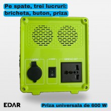 Statie Portabila de Alimentare EDAR, 384 Wh, Putere AC de 600 W, Acumulator LiFePO4 de 12,8 V si 30 Ah, Panou Solar de 50 W I...