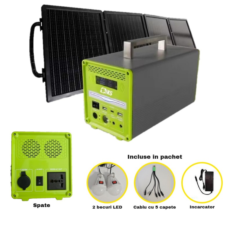 Statie Portabila de Alimentare SIKS, 384 Wh, Putere AC de 600 W, Acumulator LiFePO4 de 12,8 V si 30 Ah, Panou Solar de 50 W I... Statie Portabila de Alimentare SIKS, 384 Wh, Putere AC de 600 W, Acumulator LiFePO4 de 12,8 V si 30 Ah, Panou Solar de 50 W I...