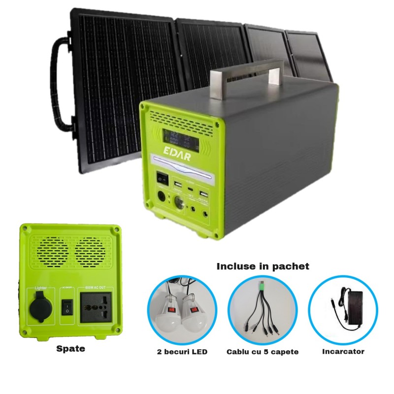 Statie Portabila de Alimentare EDAR, 384 Wh, Putere AC de 600 W, Acumulator LiFePO4 de 12,8 V si 30 Ah, Panou Solar de 50 W I...