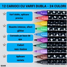 Set Carioci cu Glitter EDAR, 12 Carioci cu Capete Duble, 24 Culori Stralucitoare, Sclipici Intens pentru Desen si Activitati ...