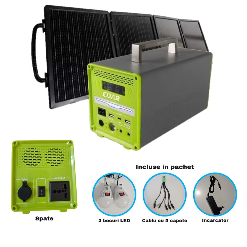 Statie Portabila de Alimentare EDAR, 256 Wh, Putere AC de 400 W, Acumulator LiFePO4 de 12,8 V si 20 Ah, Panou Solar de 40 W I... Statie Portabila de Alimentare EDAR, 256 Wh, Putere AC de 400 W, Acumulator LiFePO4 de 12,8 V si 20 Ah, Panou Solar de 40 W I...