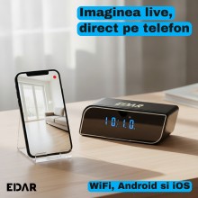 Camera de Supraveghere WiFi Tip Ceas Digital EDAR, Full HD 1080p, Unghi de 160 de Grade, Vedere pe Timp de Noapte, Detectie d...