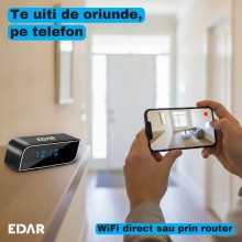 Camera de Supraveghere WiFi Tip Ceas Digital EDAR, Full HD 1080p, Unghi de 160 de Grade, Vedere pe Timp de Noapte, Detectie d...
