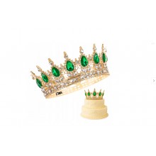 Coroana Pentru Tort SIKS Topper Premium, Coronita Cu Diametru 15.5 Cm, Diadema Rotunda Aurie Cu Cristale Verzi, Decor Luxury ...