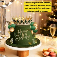 Coroana Pentru Tort SIKS Topper Premium, Coronita Cu Diametru 15.5 Cm, Diadema Rotunda Aurie Cu Cristale Verzi, Decor Luxury ...