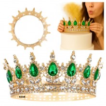 Coroana Decorativa pentru Tort EDAR Topper Premium, Diadema Rotunda Aurie cu Cristale Verzi, Diametru 15.5 cm, Decor Elegant ...