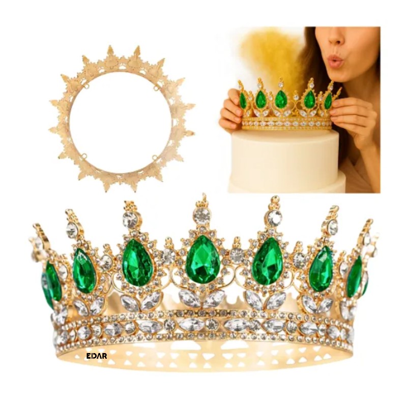 Coroana Decorativa pentru Tort EDAR Topper Premium, Diadema Rotunda Aurie cu Cristale Verzi, Diametru 15.5 cm, Decor Elegant ... Coroana Decorativa pentru Tort EDAR Topper Premium, Diadema Rotunda Aurie cu Cristale Verzi, Diametru 15.5 cm, Decor Elegant ...