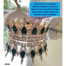 Coroana Decorativa pentru Tort EDAR Topper Premium, Diadema Rotunda Aurie cu Cristale Verzi, Diametru 15.5 cm, Decor Elegant ...