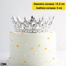 Coroana Pentru Tort SIKS Topper Premium, Coronita Cu Diametru 15.5 Cm, Diadema Rotunda Argintie Cu Cristale, Decor Luxury Pen...