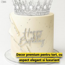 Coroana Pentru Tort SIKS Topper Premium, Coronita Cu Diametru 15.5 Cm, Diadema Rotunda Argintie Cu Cristale, Decor Luxury Pen...