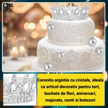 Coroana Pentru Tort SIKS Topper Premium, Coronita Cu Diametru 15.5 Cm, Diadema Rotunda Argintie Cu Cristale, Decor Luxury Pen...