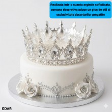 Coroana Decorativa pentru Tort EDAR Topper Premium, Diadema Rotunda Argintie cu Cristale, Diametru 15.5 cm, Decor Elegant pen...