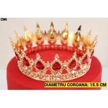 Coroana Pentru Tort SIKS Topper Premium, Coronita Cu Diametru 15.5 Cm, Diadema Rotunda Aurie Cu Cristale Rosii, Decor Luxury ...