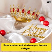 Coroana Pentru Tort SIKS Topper Premium, Coronita Cu Diametru 15.5 Cm, Diadema Rotunda Aurie Cu Cristale Rosii, Decor Luxury ...