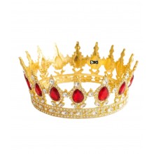 Coroana Pentru Tort SIKS Topper Premium, Coronita Cu Diametru 15.5 Cm, Diadema Rotunda Aurie Cu Cristale Rosii, Decor Luxury ...