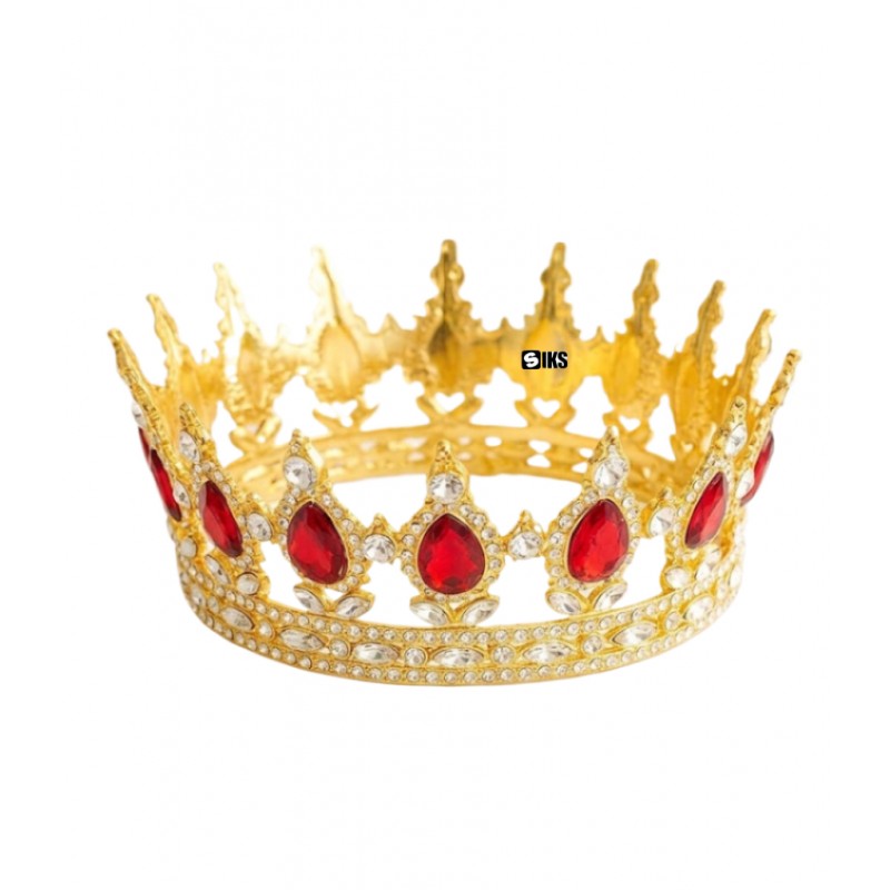 Coroana Pentru Tort SIKS Topper Premium, Coronita Cu Diametru 15.5 Cm, Diadema Rotunda Aurie Cu Cristale Rosii, Decor Luxury ...