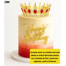 Coroana Pentru Tort SIKS Topper Premium, Coronita Cu Diametru 15.5 Cm, Diadema Rotunda Aurie Cu Cristale Rosii, Decor Luxury ...
