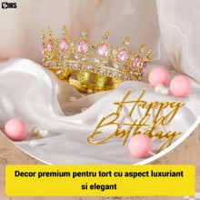 Coroana Pentru Tort SIKS Topper Premium, Coronita Cu Diametru 15.5 Cm, Diadema Rotunda Aurie Cu Cristale Roz, Decor Luxury Pe...