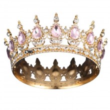 Coroana Pentru Tort SIKS Topper Premium, Coronita Cu Diametru 15.5 Cm, Diadema Rotunda Aurie Cu Cristale Roz, Decor Luxury Pe...