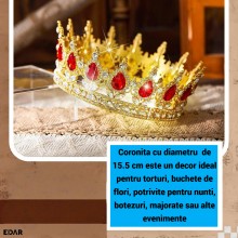 Coroana Decorativa pentru Tort EDAR Topper Premium, Diadema Rotunda Aurie cu Cristale Rosii, Diametru 15.5 cm, Decor Elegant ...