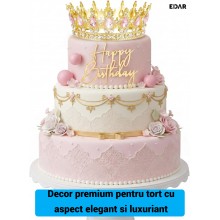 Coroana Decorativa pentru Tort EDAR Topper Premium, Diadema Rotunda Aurie cu Cristale Roz, Diametru 15.5 cm, Decor Elegant pe... Coroana Decorativa pentru Tort EDAR Topper Premium, Diadema Rotunda Aurie cu Cristale Roz, Diametru 15.5 cm, Decor Elegant pe...