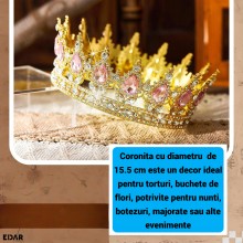 Coroana Decorativa pentru Tort EDAR Topper Premium, Diadema Rotunda Aurie cu Cristale Roz, Diametru 15.5 cm, Decor Elegant pe...