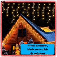 Ghirlanda Luminoasa Tip Franjuri EDAR, Instalatie De Craciun Perdea Pentru Exterior/Interior, 25m, 600 Leduri, Fir Alb, Flash...
