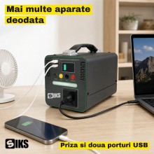 Statie de Alimentare Portabila SIKS, 192 Wh LiFePO4, 300 W, Priza 220 V, 2 x USB, Lampa LED, Incarcare Solara, pentru Camping...