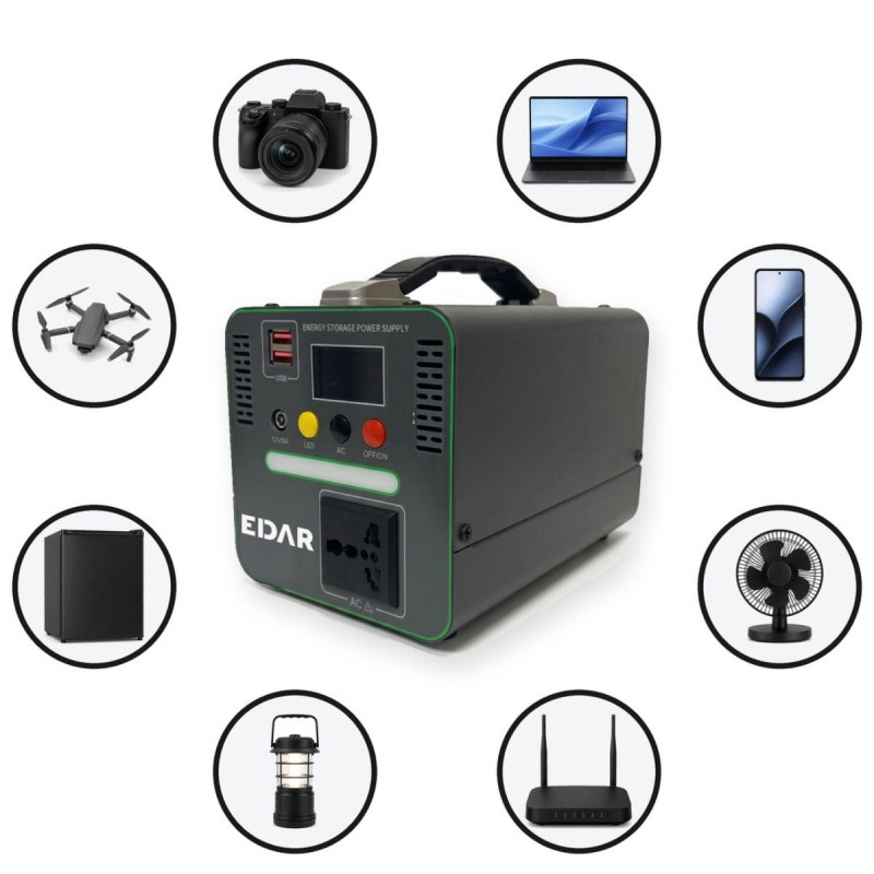 Statie de Alimentare Portabila EDAR, 192 Wh LiFePO4, 300 W, Priza 220 V, 2 x USB, Lampa LED, Incarcare Solara, pentru Camping...