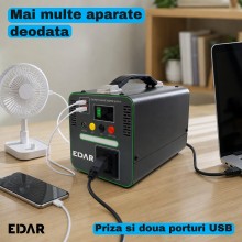Statie de Alimentare Portabila EDAR, 192 Wh LiFePO4, 300 W, Priza 220 V, 2 x USB, Lampa LED, Incarcare Solara, pentru Camping...