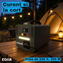 Statie de Alimentare Portabila EDAR, 192 Wh LiFePO4, 300 W, Priza 220 V, 2 x USB, Lampa LED, Incarcare Solara, pentru Camping...
